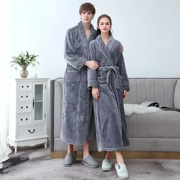 

Autumn And Winter Flannel Thickened Plus Velvet Couple Bathrobe Men's Extended Large Size Coral Fleece Nightgown Women's Pajamas