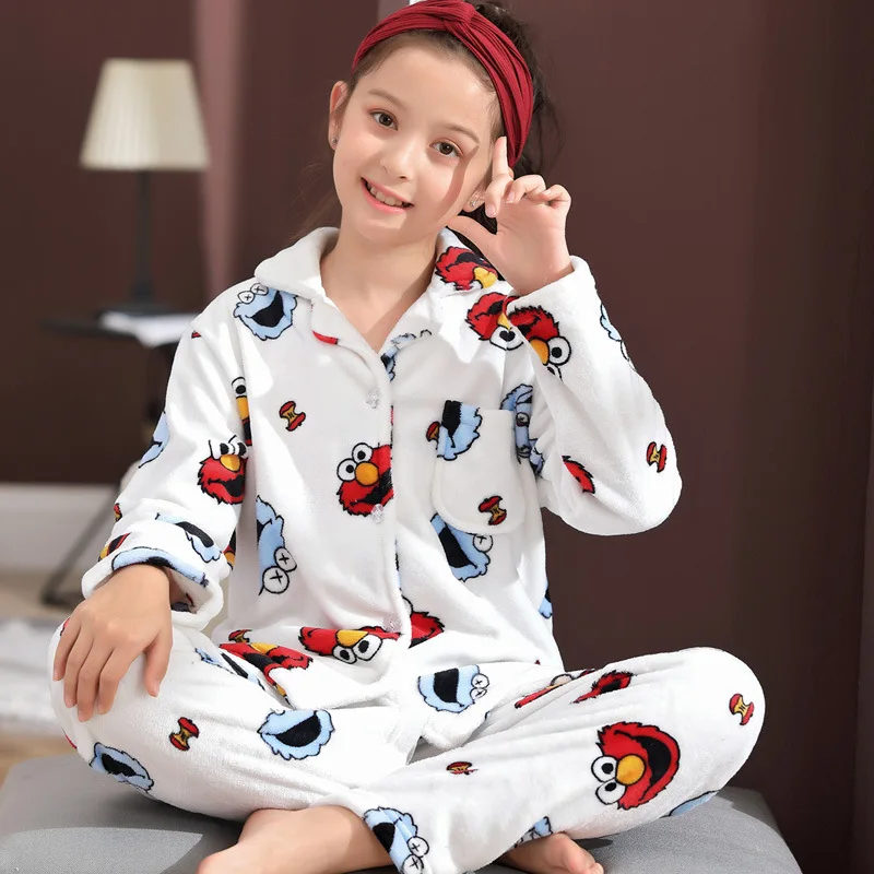 

Girls' Pajama Fold-down Collar Flannel Winter Big Kid Thick Autumn And Winter Homewear Set Children Coral Velvet Pajamas