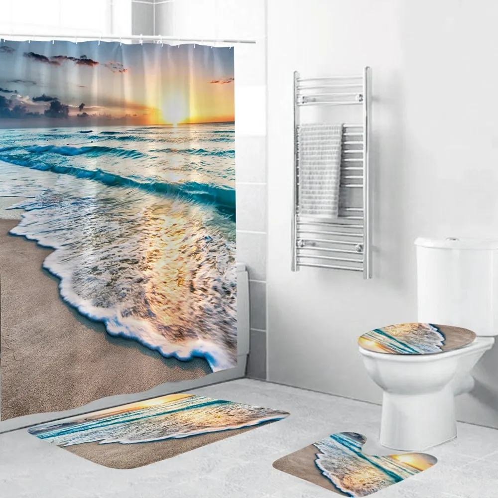 4 шт набор занавесок для душа Пляж океан море тема занавески для душа и коврик для ванной комплект водонепроницаемый нескользящий ванная занавеска и коврик набор
