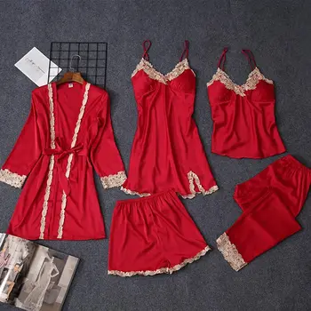 

Female Five Pieces Solid Color Pajama Sets V-neck Long Sleeve Loose Sexy Sleepwear Women 2020 New Summer Autumn Nightwear Ladies