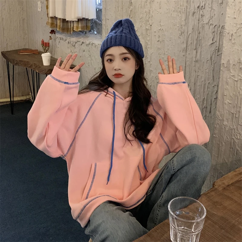 

Spring and autumn new loose bf wind pink hooded solid color sweatshirt women