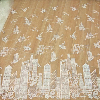 

Sky and City fashion show sample dress lace fabric, China embroidery ivory lace fabric with sequins shiny 1 yard 2020 NEW