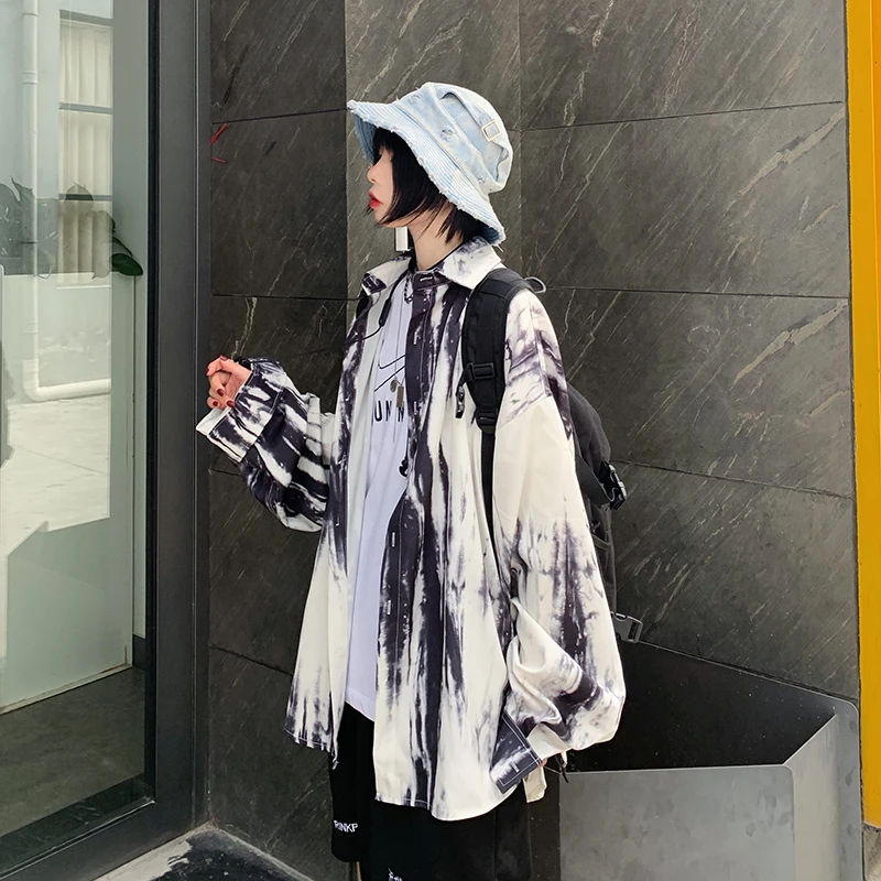 Женские летние рубашки Kawaii Ulzzang, милая Темно-Черная Свободная рубашка с принтом и длинным рукавом, Женская милая Туника Harajuku, Женский Топ