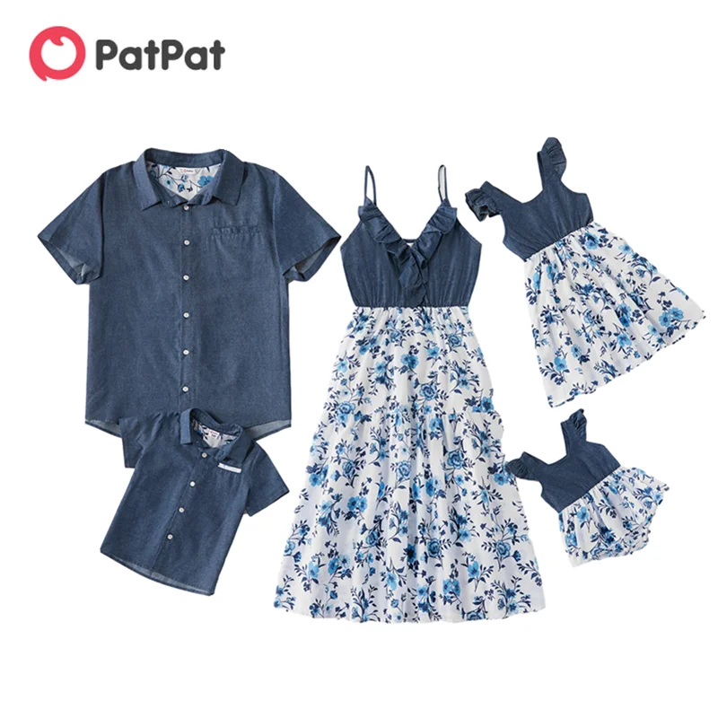 

PatPat 2020 New Arrival Summer Mosaic Cotton Family Matching Floral Flounce Tank Dresses and Denim Tops Family Look Sets