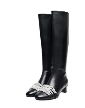 

New Pearl Decor Chunky Heel Woman Long Boots Fashion Black Leather Middle Heel Knee High Boots Lady Knight Boots Dropship