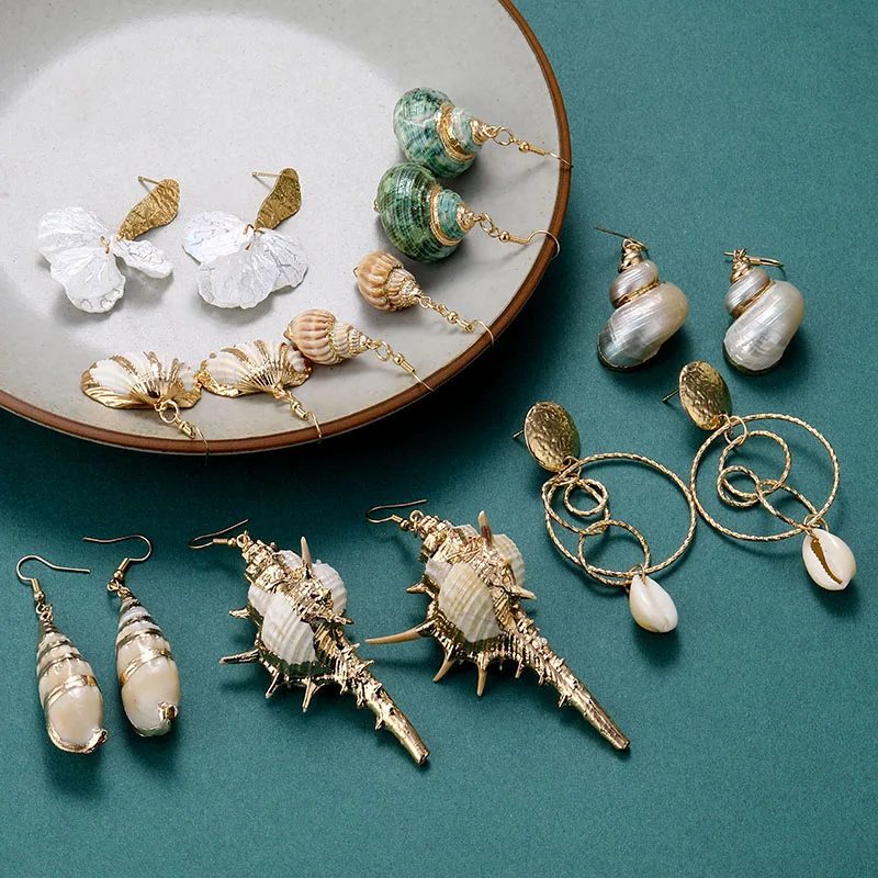 

SOUQ Fashion Large Geometric Earrings Bohemian Natural Color Shell Pendant Pearl Earrings Women Ocean Wind Beach Party Gifts