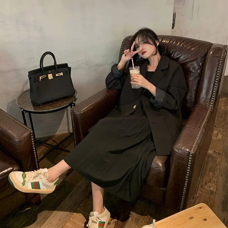 

Suit Women's Autumn Long-sleeved Black Korean-style Loose-Fit Back Slit Elegant Slimming Fashion Casual Coat