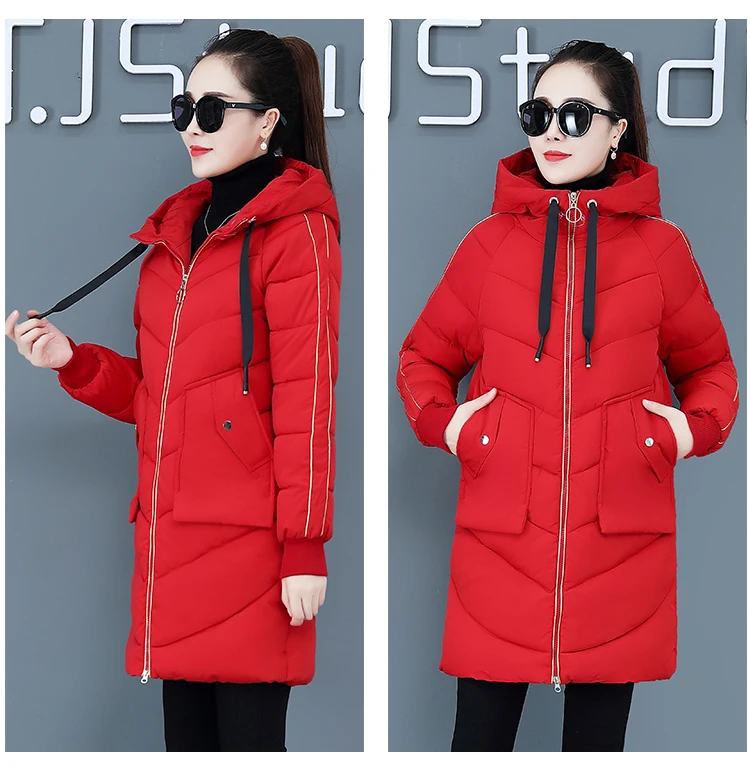 red High Quality Winter Jacket Women Parker Thick Down Cotton Jacket Large Size Mid-Long Hooded Outerwear Women Warm Winter Coat - Цвет: red