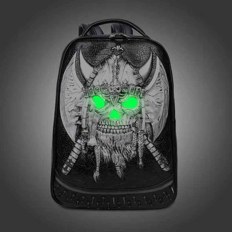 Pu Vintage Leather Backpack Men's Travel Computer 3D Three-dimensional Skull Luminous Bag School For Teenage World Of Warcraft