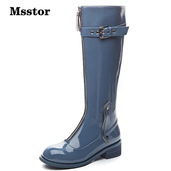 

Zipper Rivet Knee High Boots Women Patent Leather Fashion Casual Women Boots 2019 Round Toe Black Square Heel Winter Shoes Women