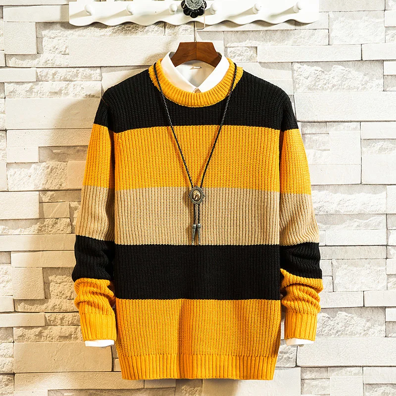 Yellow stripes Зимние мужские полосатые пальто с принтом, теплые свитера, повседневный кашемировый пуловер, фирменные мужские утепленные шерстяные вязаные M-3XL - Color: Yellow stripes