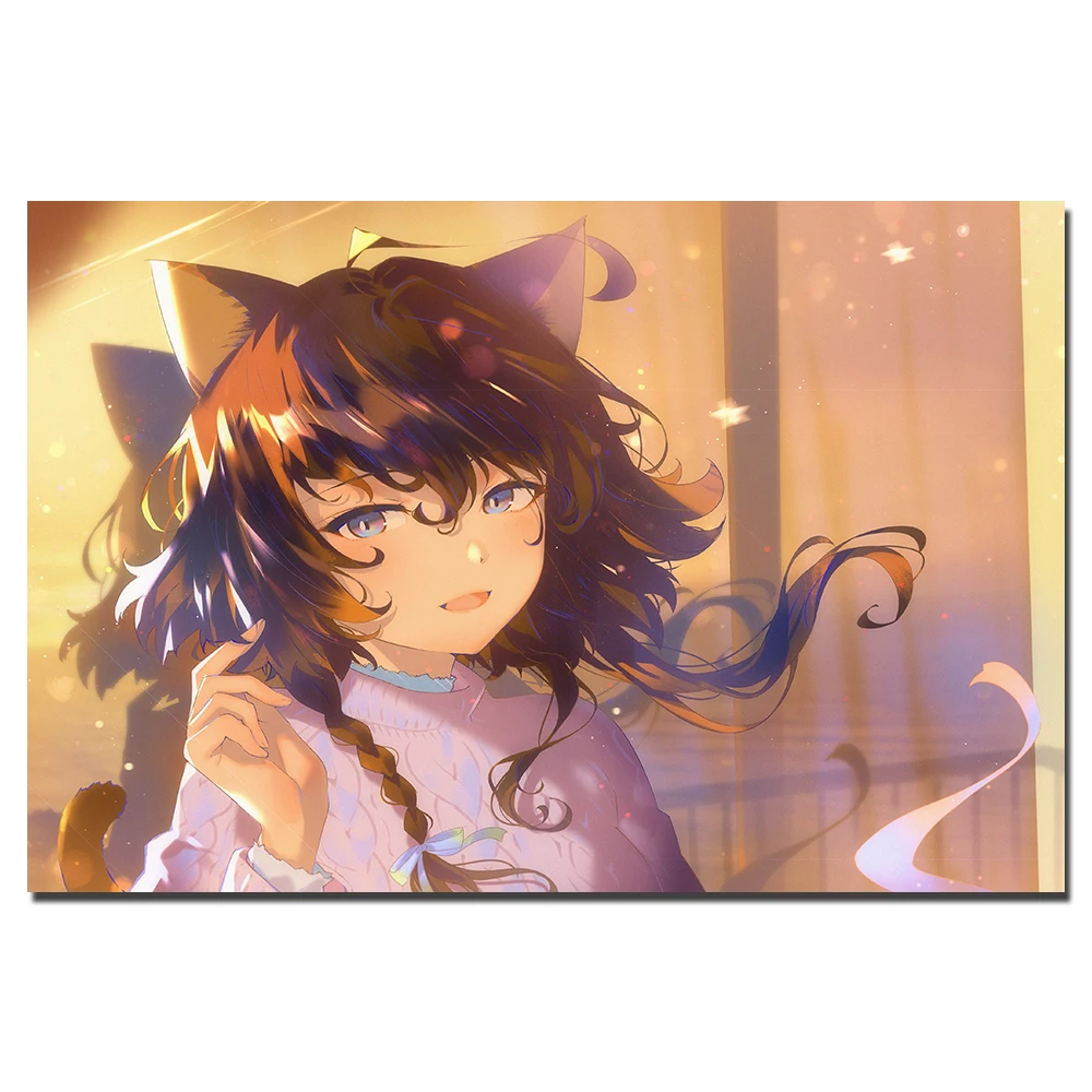 Kawaii аниме кот девушка плакат холст ткань печать картина для домашнего декора