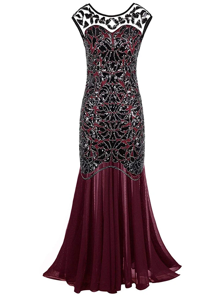 Vestidos винтажные женские вечерние платья с блестками и бисером круглым вырезом