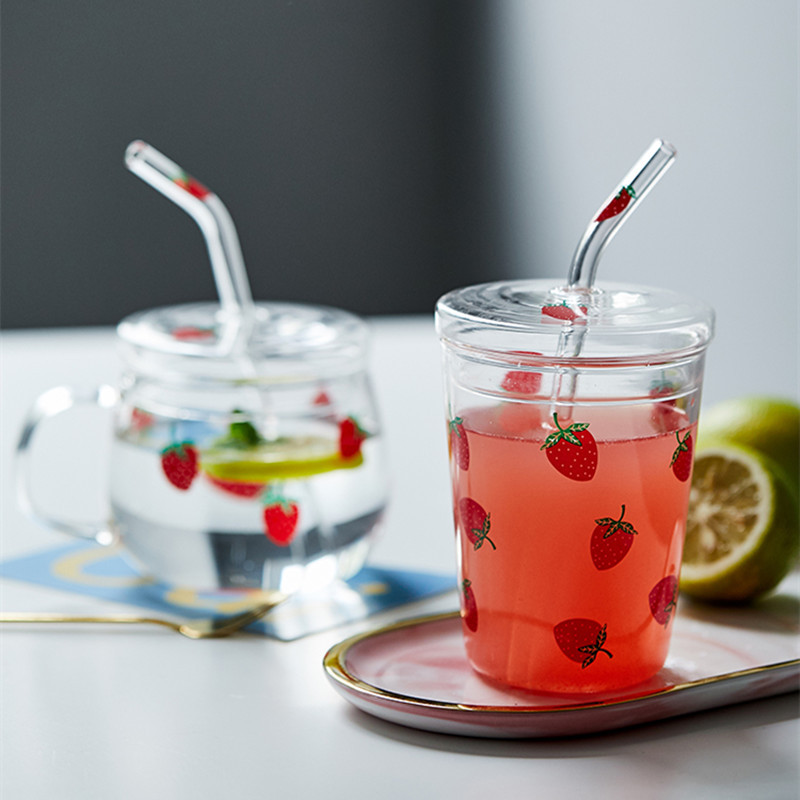 Strawberry Glass Cup with Straw