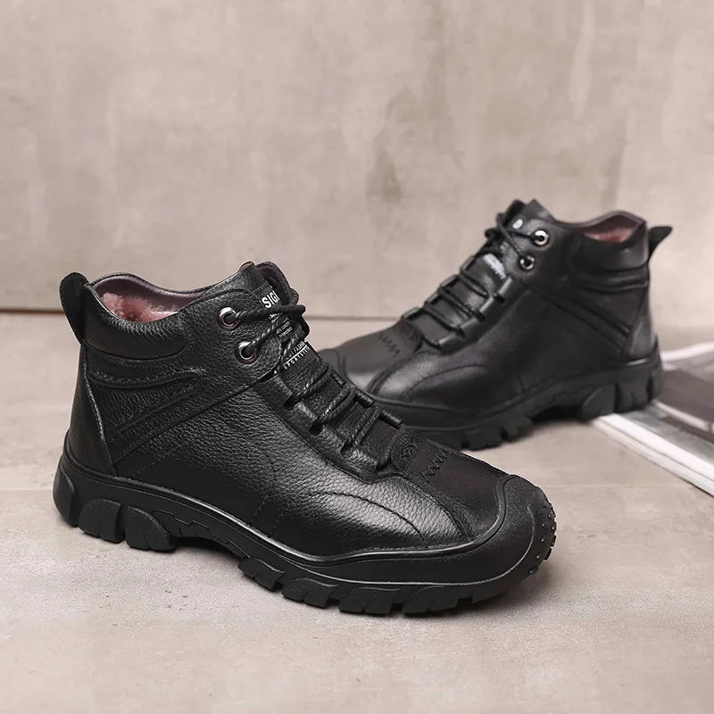 

Winter Brushed And Thick Snow Boots Men Cotton-padded Shoes Warm Genuine Leather Hight-top Fur Outdoor Cotton Boots Anti-slip