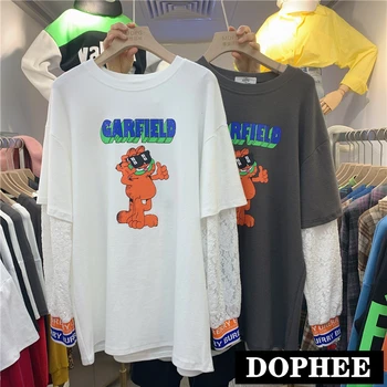 

BF Loose Shirt Pullovers Women New Spring Lace Splicing Fake Two Piece Printed Ins Long Sleeve T-shirt Female Student Tee Tops