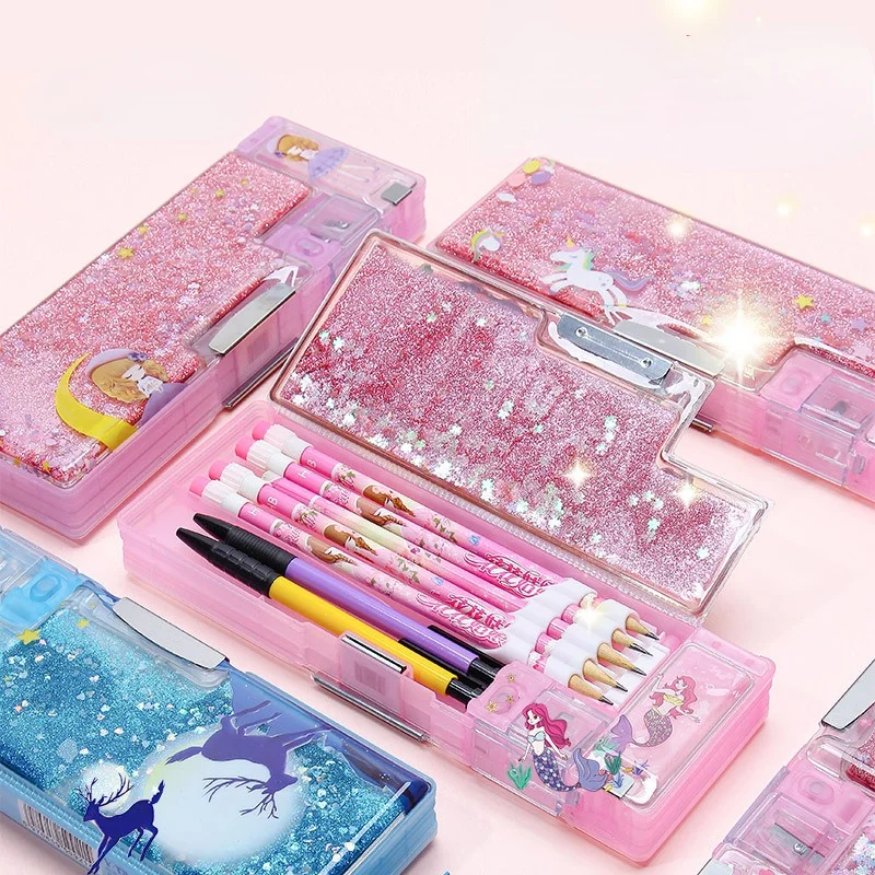 NEW 2022 Multi-function Quicksand Style Pencil Case Large-capacity Stationery Box Creative School Supplies Cute Kawaii Pen | Канцтовары