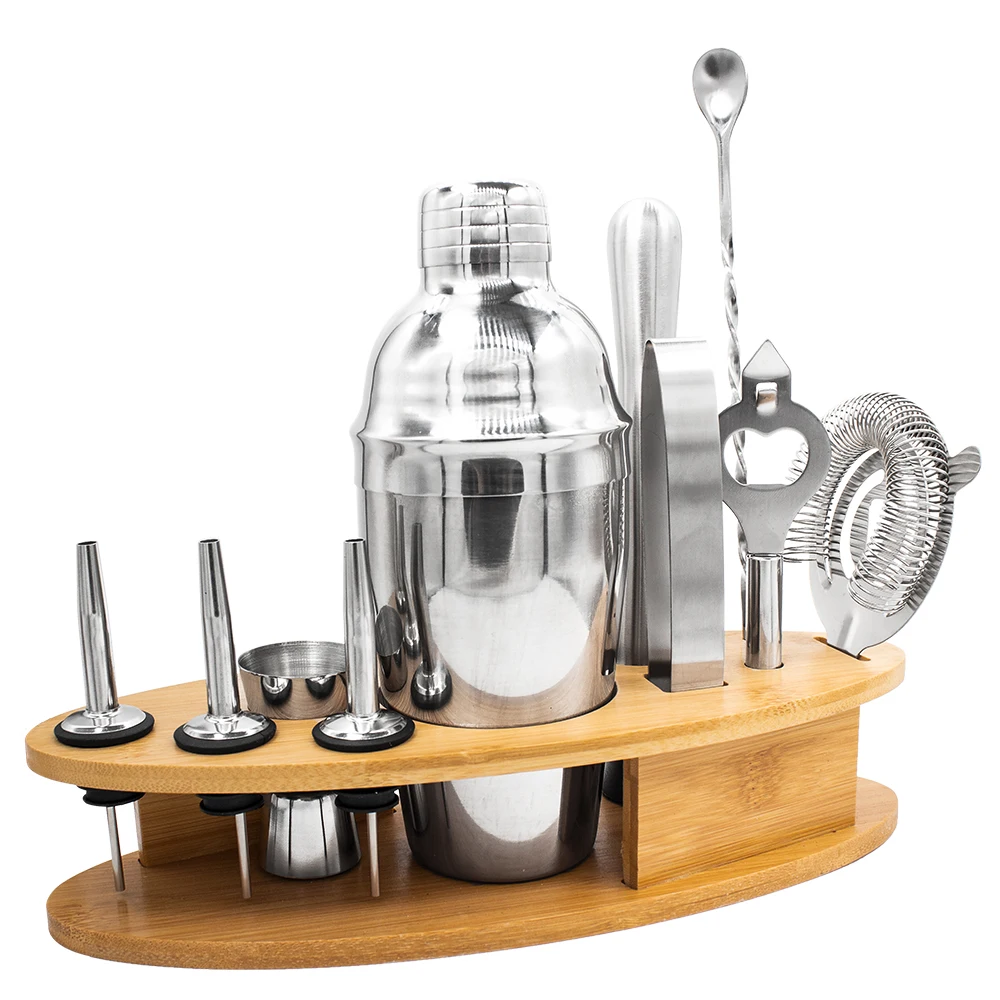 

11pcs Stainless Steel Cocktail Shaker Set Boston Mixer Bartender Tools Kit Fish-Shaped Bamboo Base Wine Mixing Barware 750/550ML