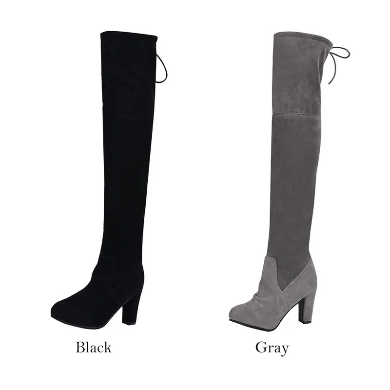 Litthing/женские облегающие высокие сапоги; модные замшевые женские сапоги выше колена на высоком каблуке со шнуровкой; модель года; большой размер 43