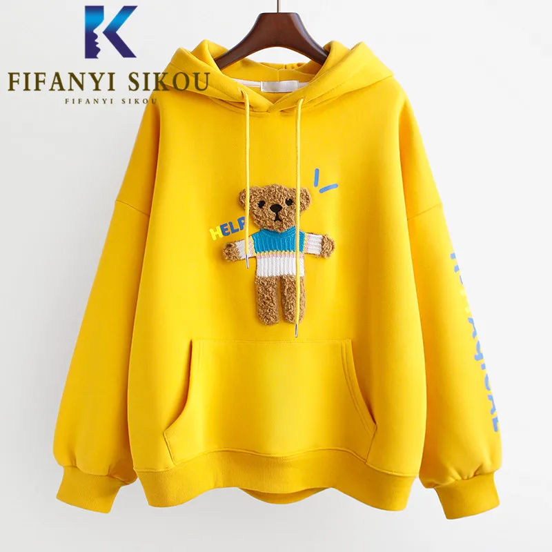 

Сезон осень-зима; Женская толстовка с вышивкой в виде мишки, модные толстовки с капюшоном толстые теплые пуловеры карман свободные толстовки с капюшоном для женщин