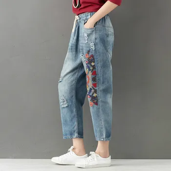 

New Plus Size Women Jeans Autumn Harem Pants Embroidery Floral Elastic Vintage 2020 Winter Jeans Oversize 3XL LP489