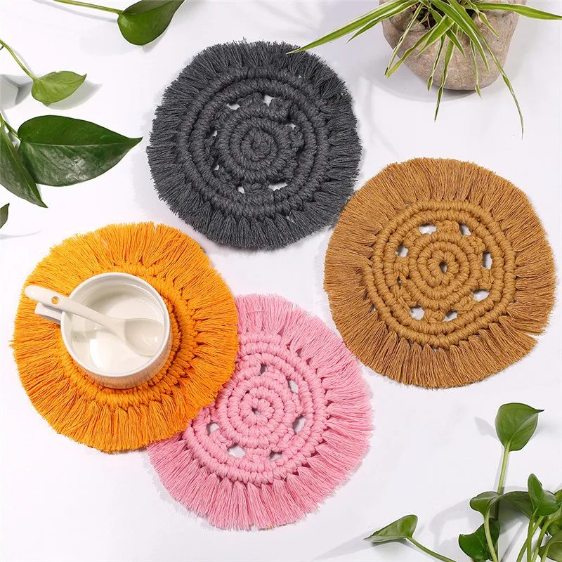 

1PC Cotton Woven Tableware Potholder Coaster Nordic Style 10cm Round Tassels Simple Fashion Tea Cushion Decoration