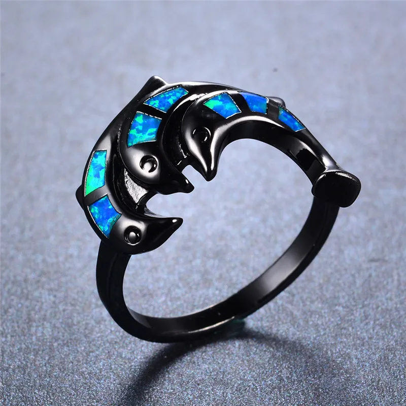 Уникальное женское кольцо с голубым белым огненным опалом 14KT Черное золото
