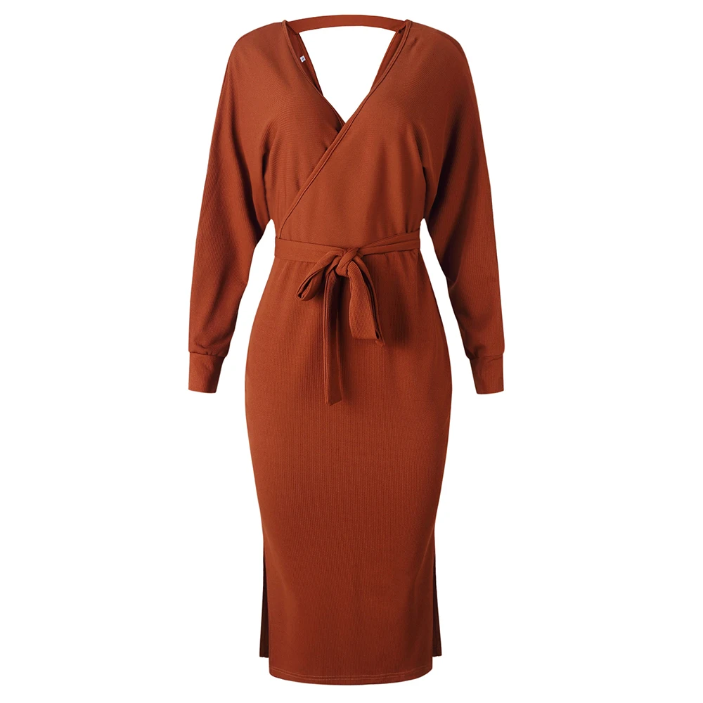 Casual Ladies Dresses Women Long-sleeved V-neck Belted Knitwear Vestidos Ropa Mujer Autumn Sexy Midi Dress Long Knitted Sweaters - Цвет: Caramel