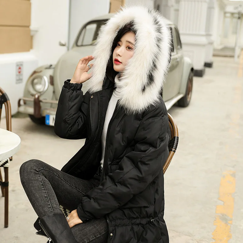

2019 New Style Coat down Jacket Cotton-padded Clothes Mid-length Winter Korean-style Large Fur Collar Thick Retro Solid Color Co