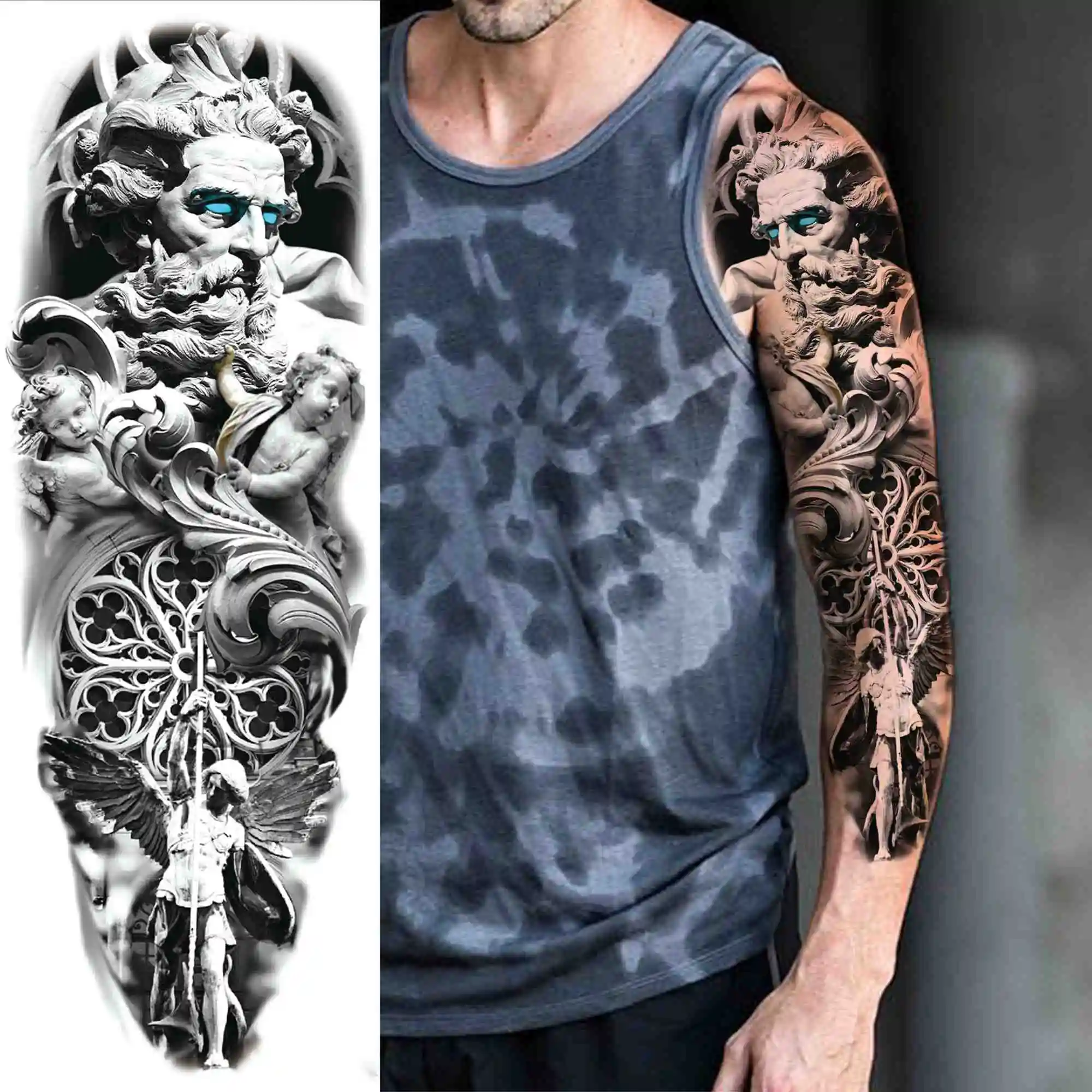 Mens Tshirt With SKULL & ROSES Temporary Tattoo Sleeves Mens 