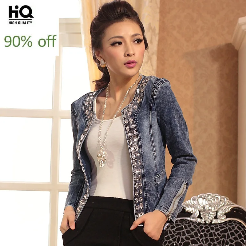 Новая мода приталенные джинсовые куртки верхняя одежда джинсовое пальто Стразы