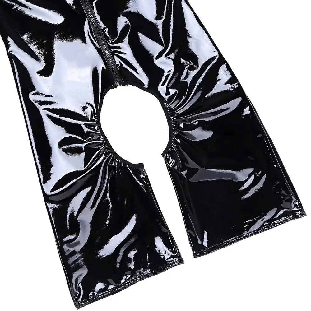 Men Underwear Mens Sissy Latex Open Crotch Catsuit Wetlook PVC Leather One-Piece Teddy Lingerie Erotic Zipper Crotchless Leotard Gay Clubwear