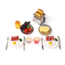 Maison de poupée Miniature, Mini nourriture, machine à pain, fruits, œufs, café avec vaisselle, assiette, fourchette, couteau, miel, petit déjeuner, décor de maison de poupée 