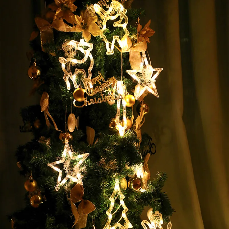 Рождественский светодиодный светильник на присоске с изображением елки, лося, колокольчика, звезды, Санта-Клауса, рождественские украшения, Рождественское украшение для дома, рождественский подарок
