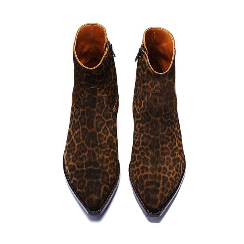 

Men Runway Luxury Brand Leopard Printed Chelsea Boots Pointed Toe Cow Suede Cowboy Ankle Boots 2023 Summer Dress Botas Plus Size