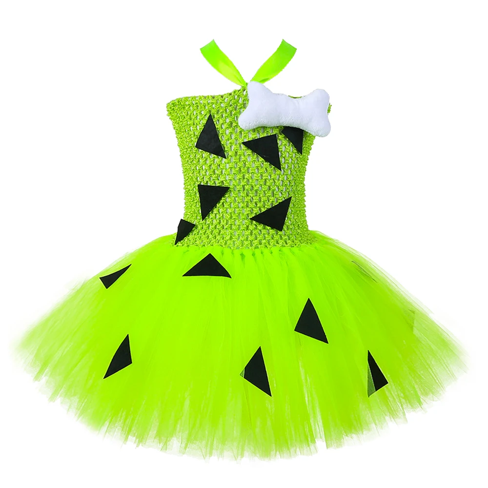 Green Pebbles Tutu Dress for Girls Kids Halloween Costume Children Christmas Dresses Flintstones Bone Cosplay Costumes for Party
