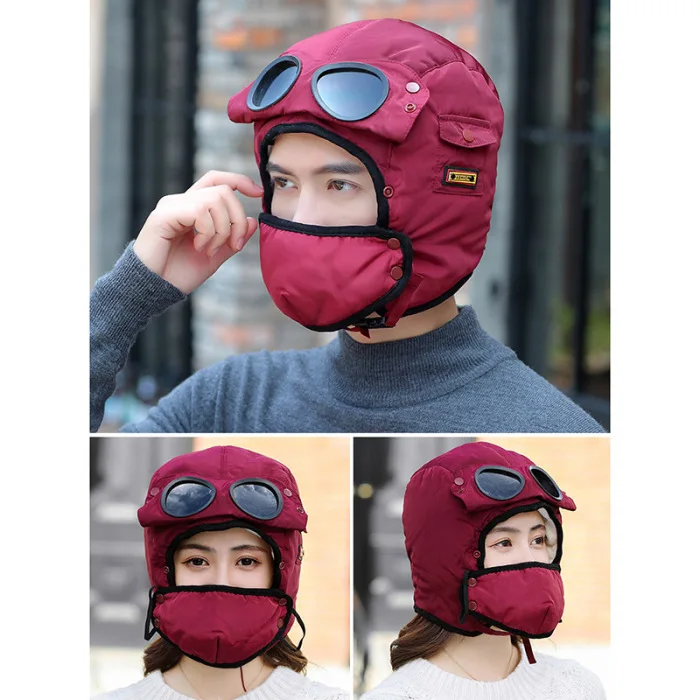 Newly Winter Trapper Hat Mask Eyeglasses Scarf Windproof Fleece Lined Ski Cap Set for Outdoor