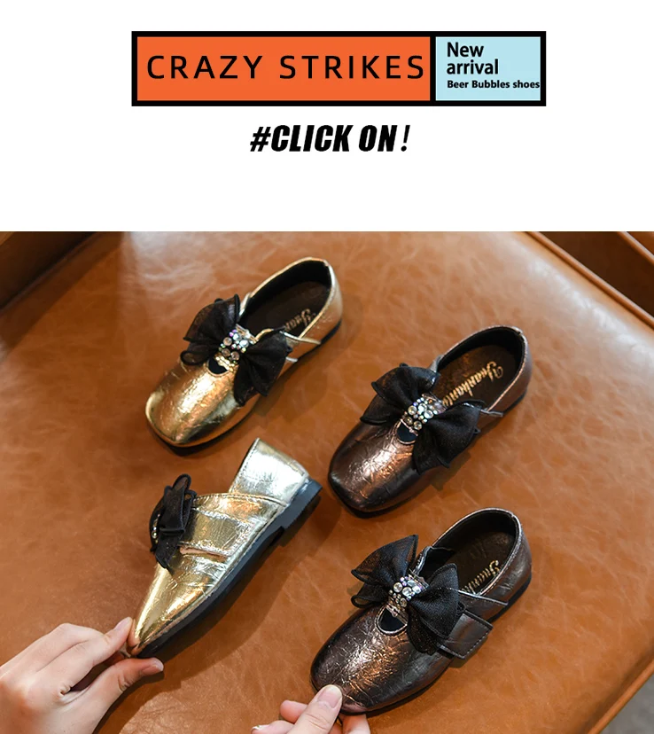 Bakkotie New Kids Autumn Girls Pu Leather Shoes Baby Fashion Lace Bowtie Mary Jane Flats Children Gold Sweet Dress Shoes