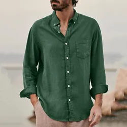 Luclesam men algodão linho vestido camisa verão casual respirável botão para baixo camisa de manga comprida cor sólida lapela topo