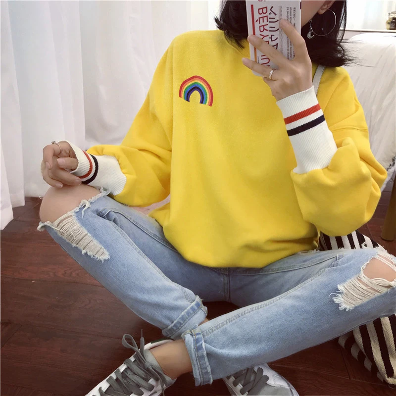 Толстовки женские Kawaii Harajuku вышивка с длинным рукавом рождественские подарки плюс бархат корейский Ulzzang Толстовка Базовая утепленная толстовка