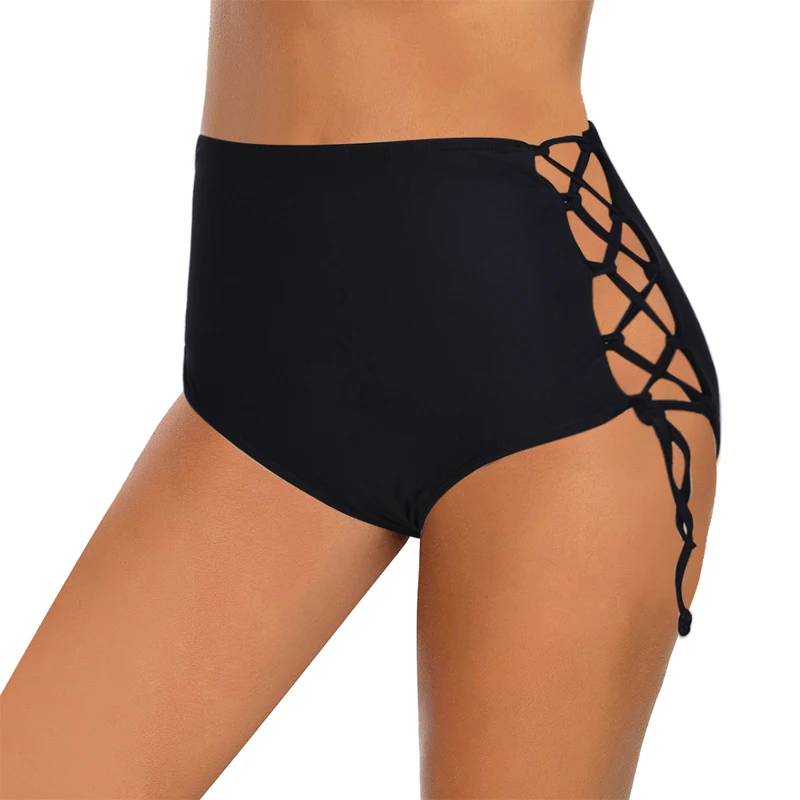 Черный Vertvie Summer Women Bikini Bottoms Full Coverage Swim Briefs Sexy Bandage Bathing Suit Hollow Out Swimming Trunks Beach - Цвет: Черный
