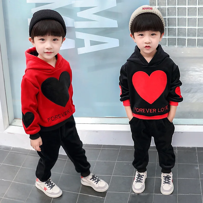 

Children Heart Double-sided Plush Thick Sports Set 2019 Autumn And Winter New Style Men's Children Casual Two-Piece Set Winter