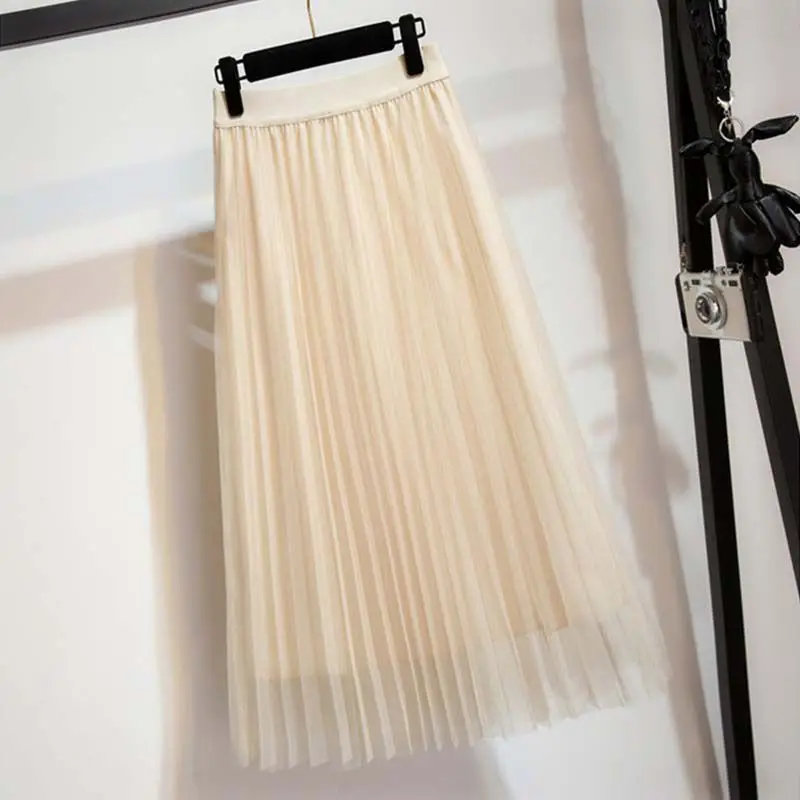 

Women Girl Double Mesh Pettiskirt Pleated Paragraph Skirt Elastic High Waist Pleated Solid Color Elastic High Waist Skirt