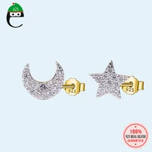 ElfoPlataSi, настоящее 925 пробы, серебряные, асимметричные, Ослепительная звезда, Луна, серьги-гвоздики из кубического циркония для женщин, хорошее ювелирное изделие, Brincos, подарок DS1811