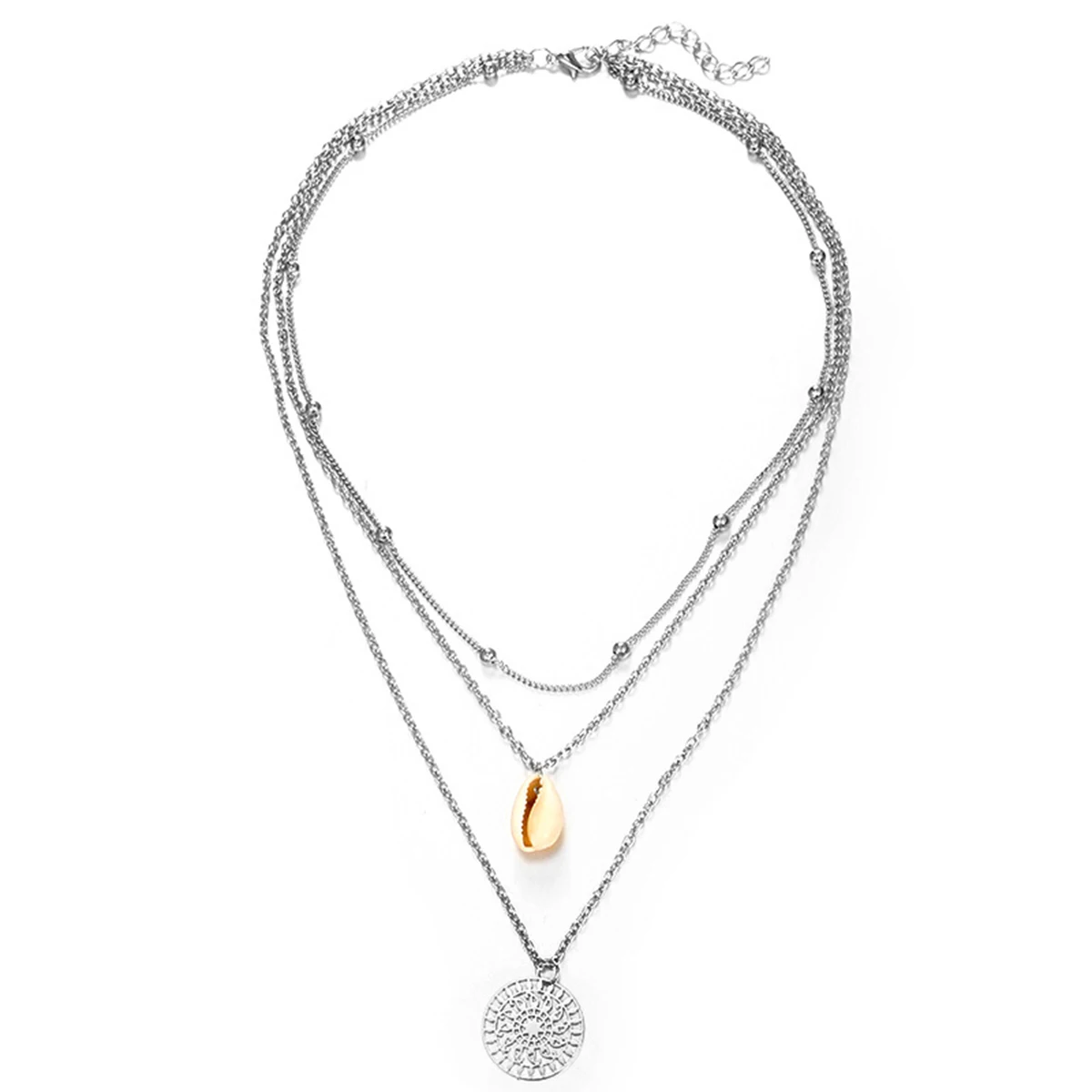 

Bohemian Summer Beach Sea Chic Shell Pendant Multilayer Elegant Women Hollow Flower Round Circle Silver Chain Charming Jewelry