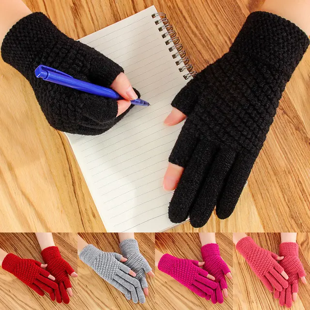 1 Pair Autumn Winter Warm Half-Finger Gloves 2 Fingerless Gloves Solid Color All-match Imitation Cashmere Unisex Knitted Gloves