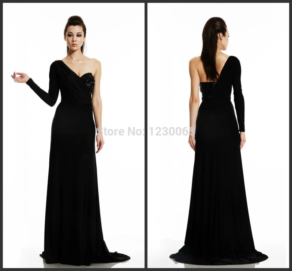 Размера плюс для выпускного вечера вечерние платья, Лидер продаж Vestido Longo на одно плечо осенний свитер с длинными рукавами и вышитым пайетками развертки поезд черные платья для матери невесты