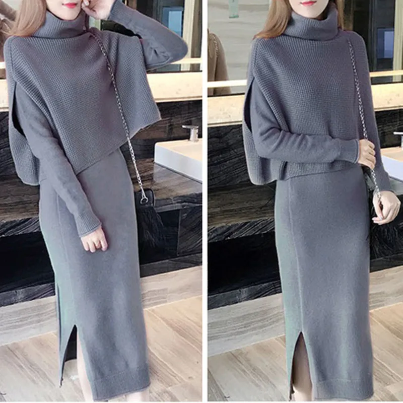 

Autumn Fashion New Style Outfits Women Turtleneck Sweater Tops +A-Line Dress Knitted 2 Piece Set Ladies Fashion Knitted Suits