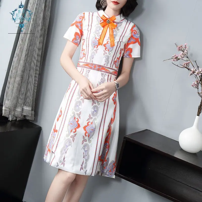 

CUERLY 2019 summer dress retro stand collar short sleeve Med-length print women vestidos elegant bow brooch slim office dresses