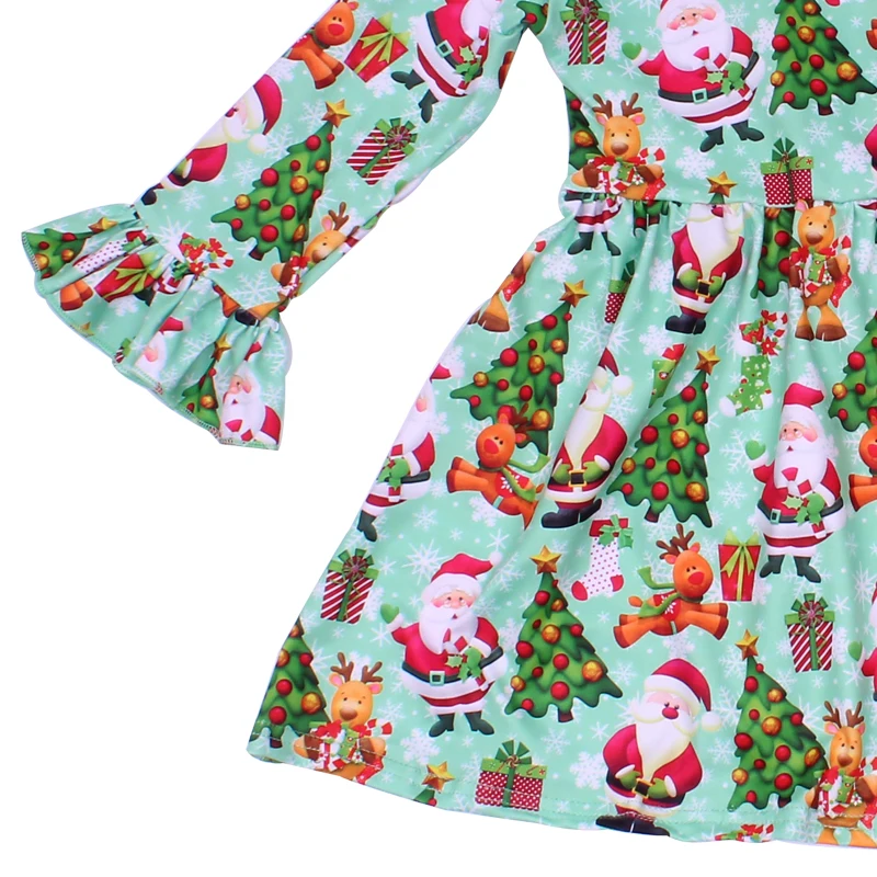Рождественское платье для малышей с изображением Санта Клауса и северных оленей, леггинсы с изображением елок с принтом; платье для девочек; детская зимняя, с рюшами на длинном рукаве и топ с бантом